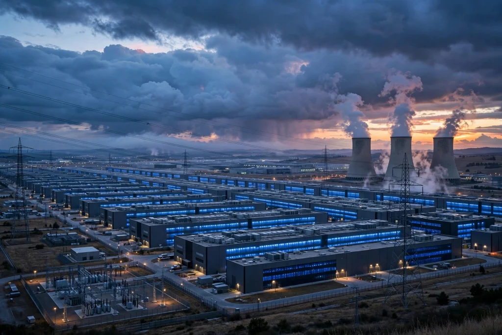 A vast modern AI data centre at dusk with rows of glowing server halls and cooling infrastructure