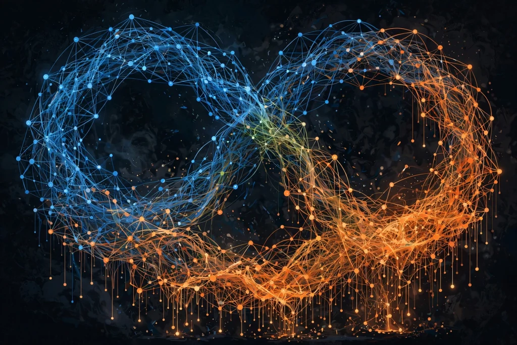 A glowing web of interconnected nodes looping back on itself, symbolising AI-generated content flooding the internet